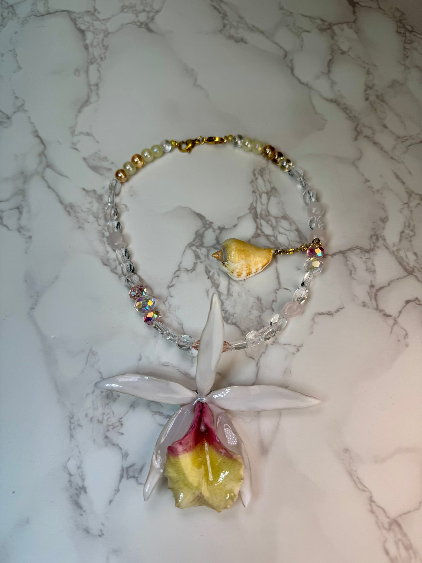 Dahlia Handmade Real Orchid Necklace | Crystal Bead Jewelry | Resin Flower Pendant | Made in USA