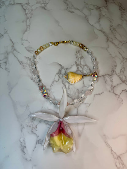 Dahlia Handmade Real Orchid Necklace | Crystal Bead Jewelry | Resin Flower Pendant | Made in USA