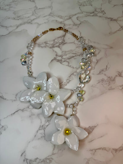 Snow Dream White Clear Flower Crystal Necklace | Handmade Floral Jewelry