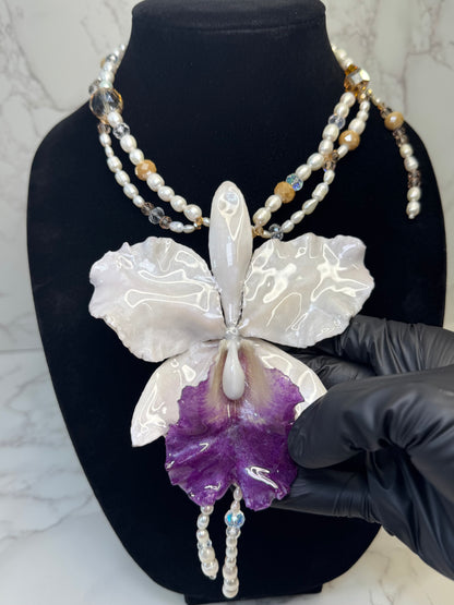Real Cattleya Orchid Crystal Necklace | Handmade Flower Jewelry | Botanical Statement Pendant