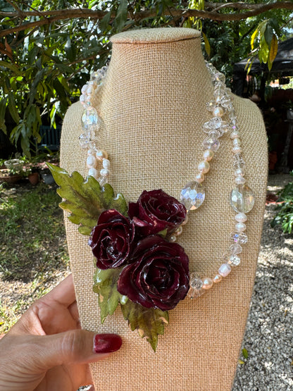 3 Aurora Eternal Rose – Real Red Rose in UV Resin & Freshwater Pearl Necklace | Handmade Floral Jewelry | Made in USA