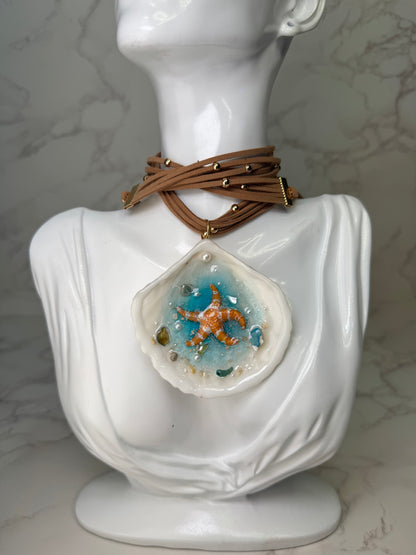 Orange Starfish & Coral Seashell Necklace