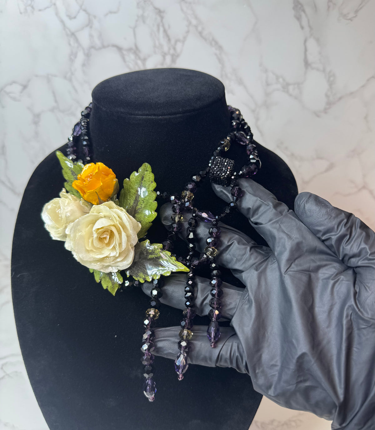 Theresa Eternal Rose – Real Yellow & White Roses in UV Resin & Black crystal Necklace | Handmade Floral Jewelry | Made in USA