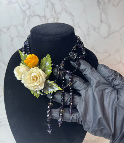 Theresa Eternal Rose – Real Yellow & White Roses in UV Resin & Black crystal Necklace | Handmade Floral Jewelry | Made in USA