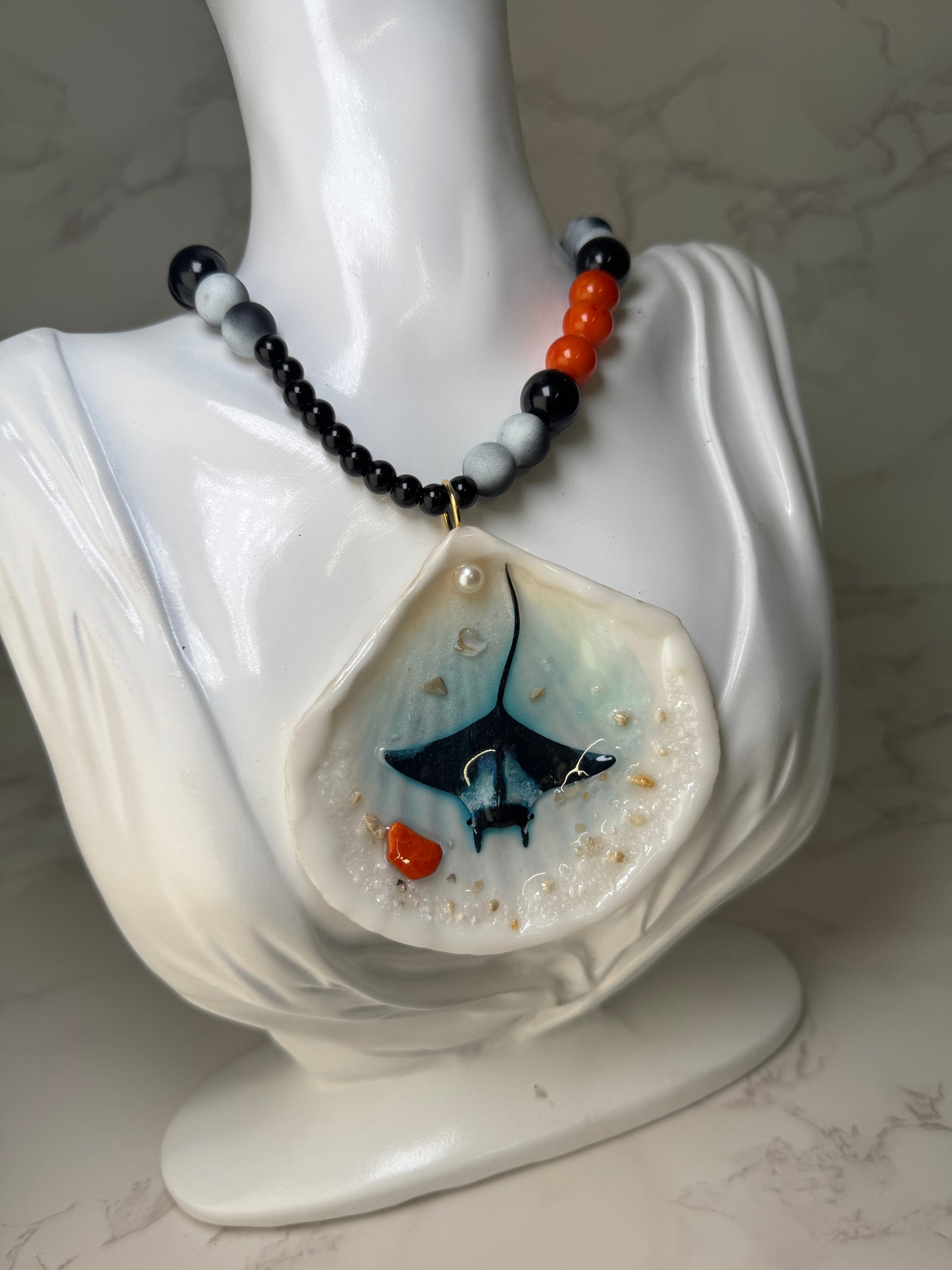 Beautiful Manta Ray Handmade Manta Ray Necklace Encapsulated in Real Shell with UV Resin on Fine Crystal Beads