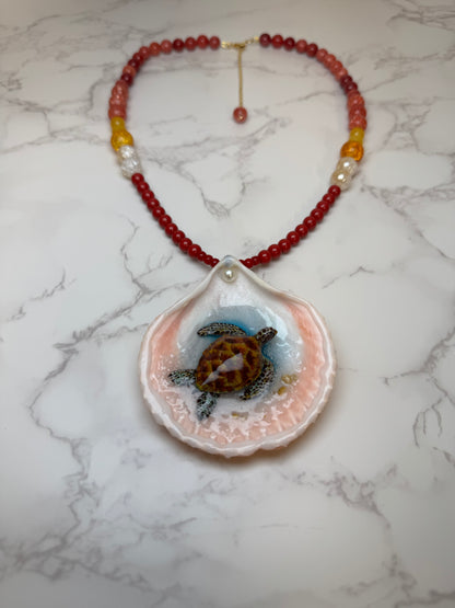 Brown Sea Turtle Resin‑Encased Handmade Sea Turtle Necklace Encapsulated in Real Shell with UV Resin on Fine Colored Crystal Beads