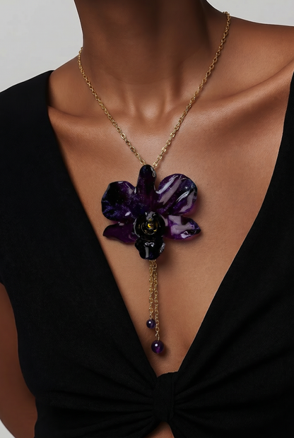 Maria  Handmade Real Mini Dark Purple Orchid Necklace | Resin Flower Jewelry | Made in USA)