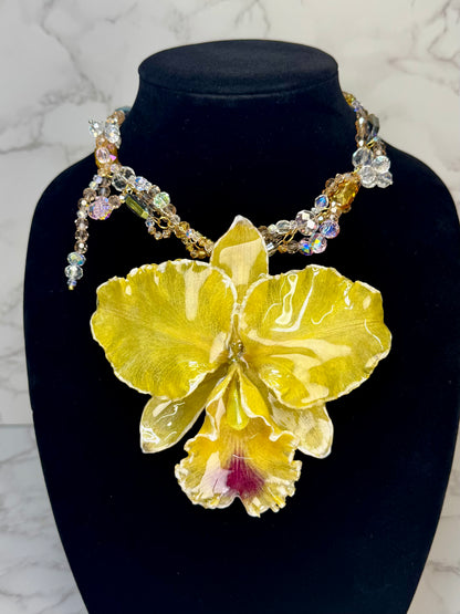 Amor Yellow Real Cattleya Orchid Necklace | Handmade Flower Jewelry | Botanical Statement Pendant
