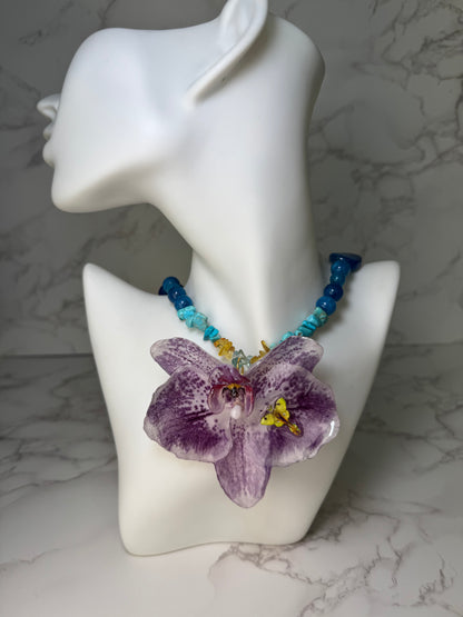 Big Purple Orchid With Moonlight Butterfly Necklace- Real Orchid Necklace – Natural Flower Preserved in Resin
