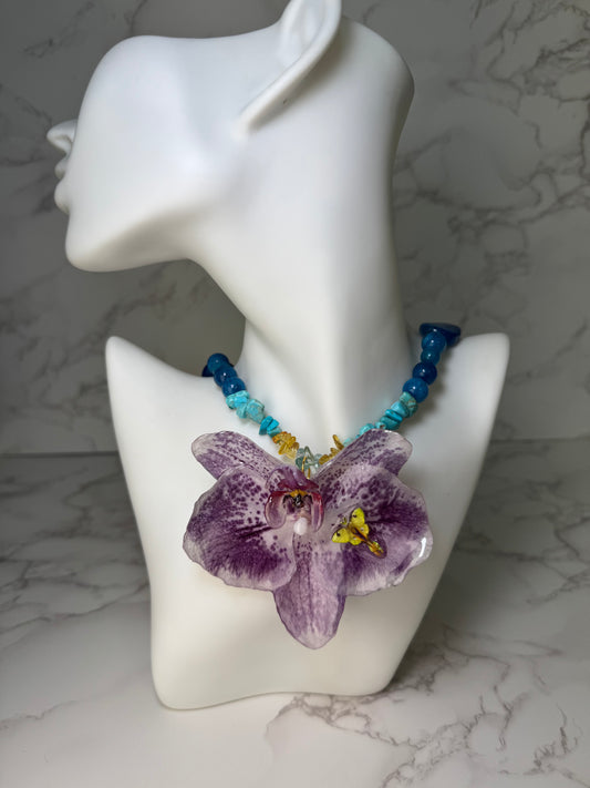 Big Purple Orchid With Moonlight Butterfly Necklace- Real Orchid Necklace – Natural Flower Preserved in Resin