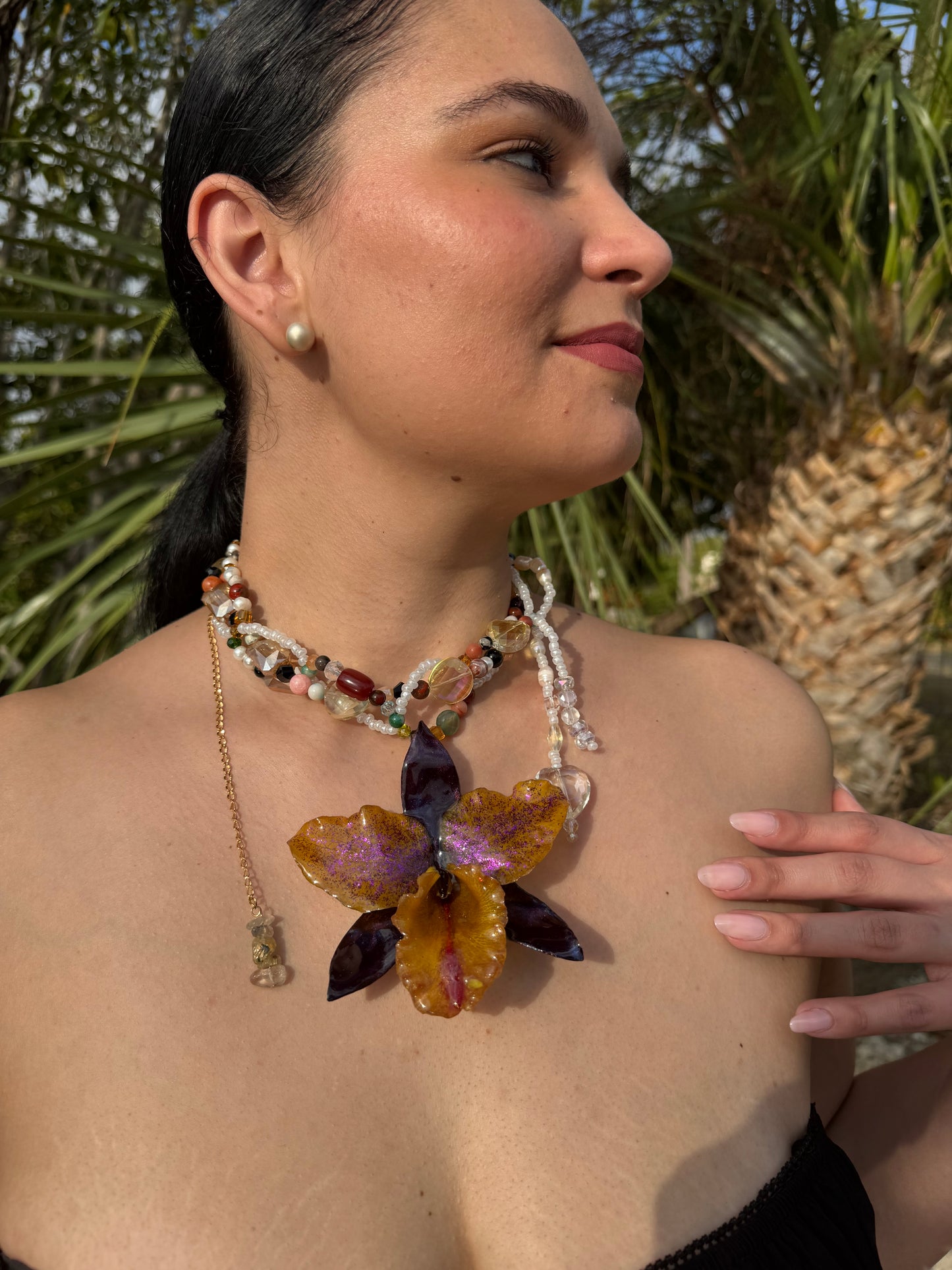 Aurora Carnival Cattleya Golden Cattleya Orchid Necklace – Purple Iridescent Petals & Multicolor Crystal & Gemstone Beads