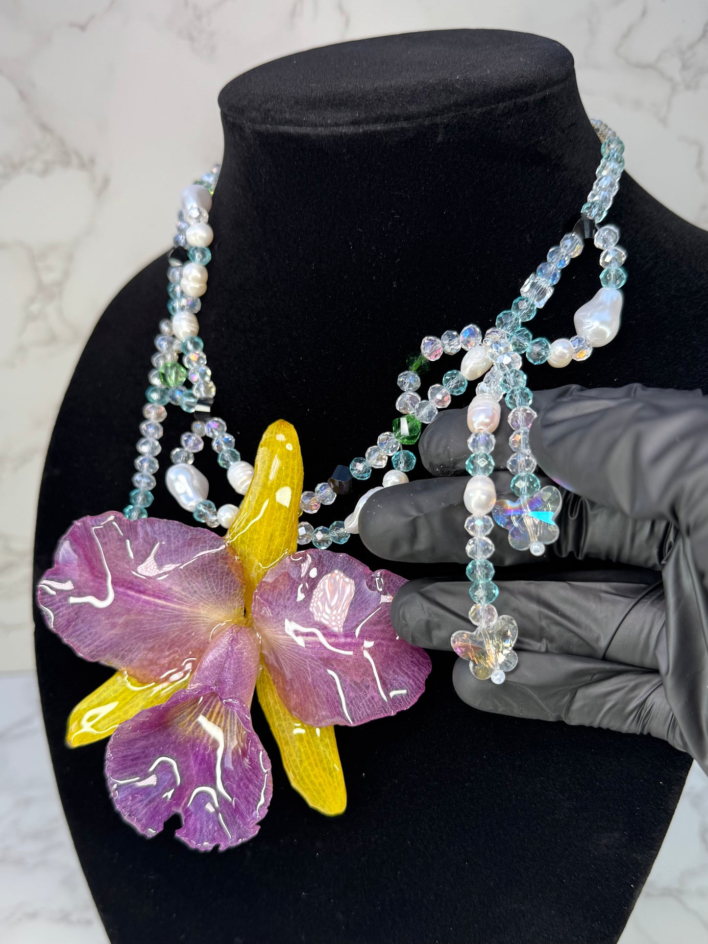 Oceanlight Cattleya Bloom Purple & Yellow Cattleya Orchid Necklace – Clear & Light Blue Crystal Beads