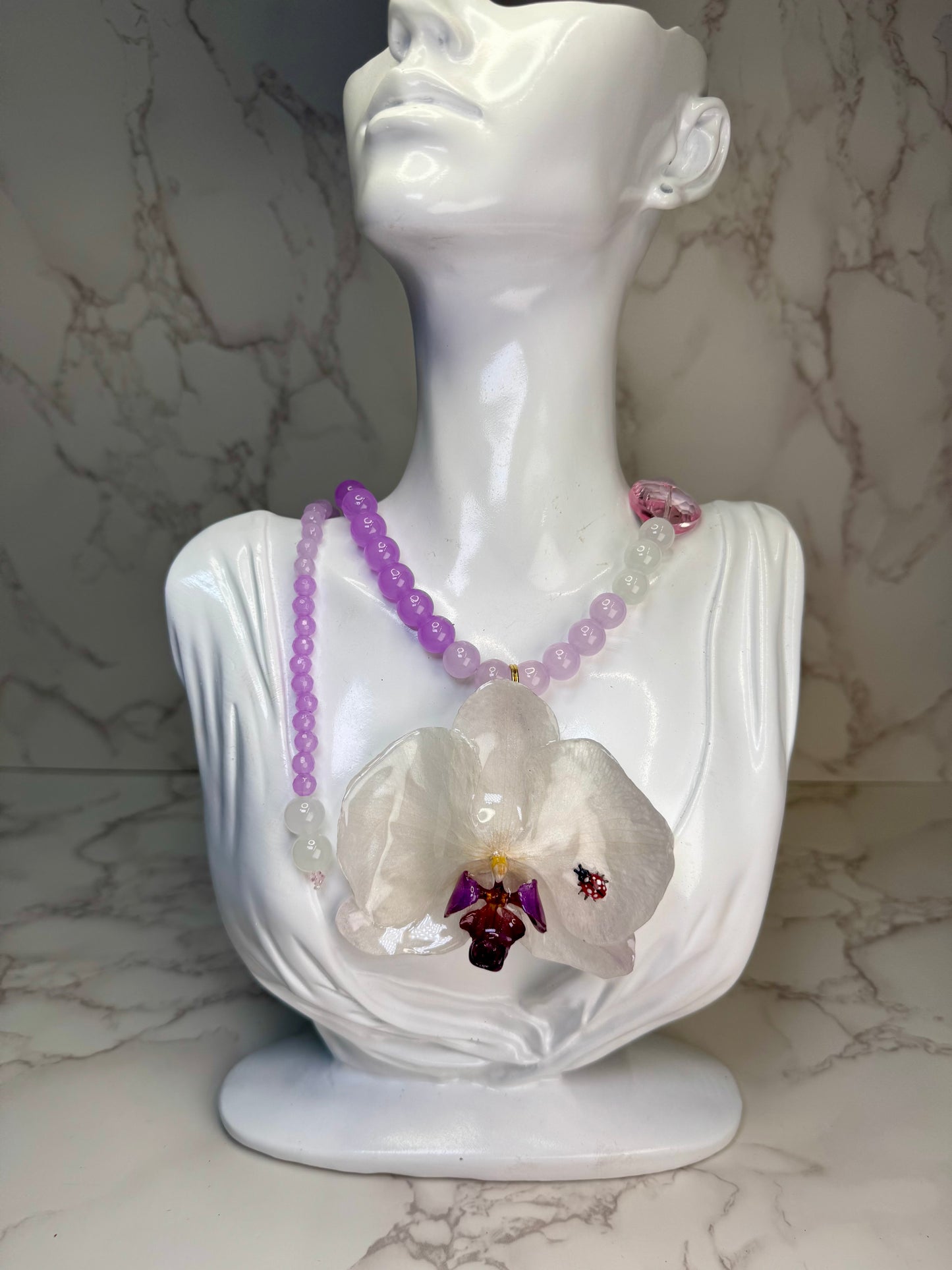 Lavander Handmade Real White Orchid Necklace | Resin Flower Jewelry with Lavender Crystal Beads
