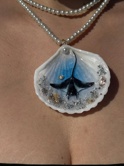 Velarion– LIMITED EDITION – NYFW EXHIBITION PIECE Handmade Natural Seashell Necklace with Giant Dark Manta Ray, Crystal and Stone Ocean Background, Translucent Black Marbled Glass Beads and Crystal Pearls