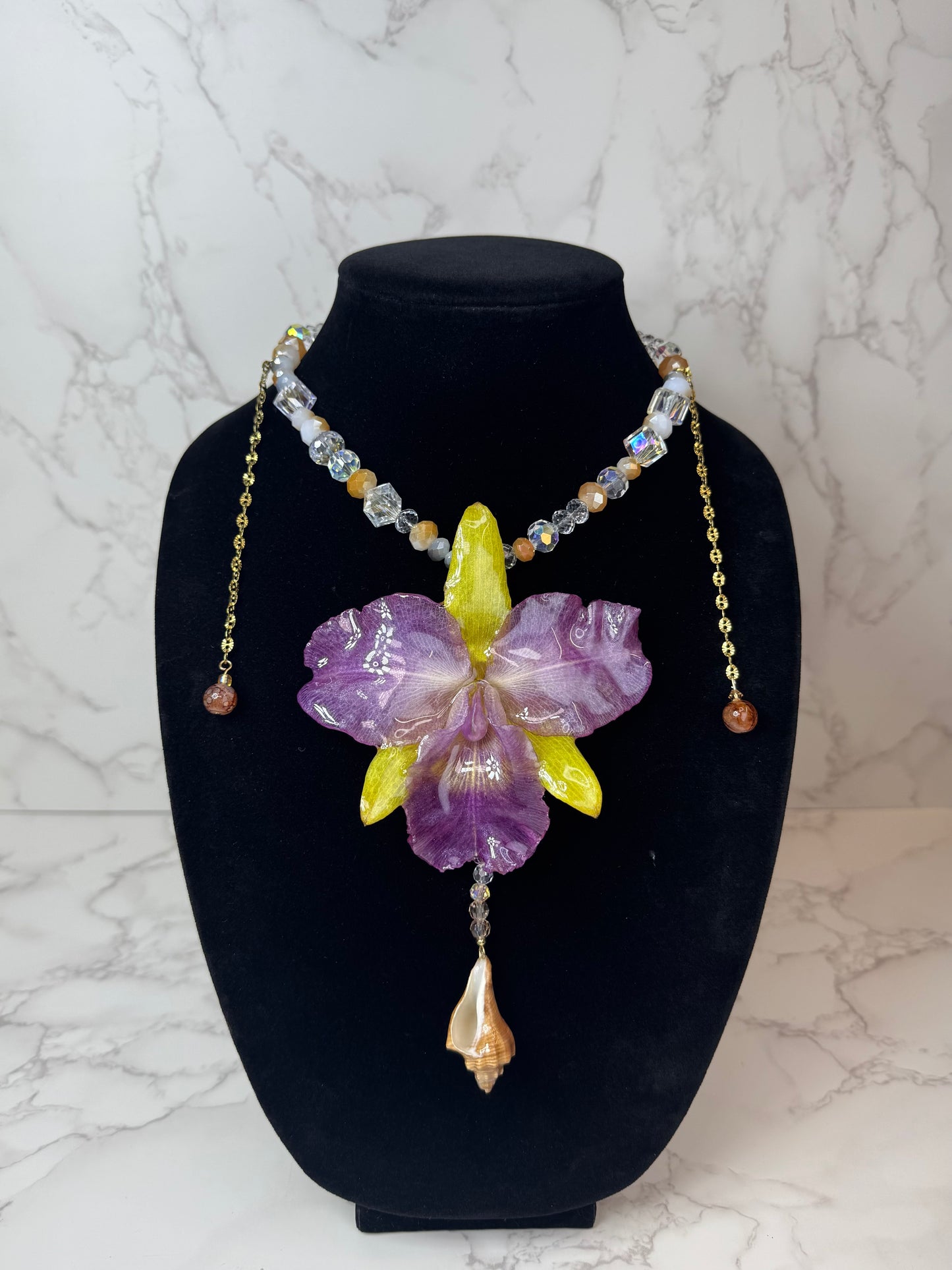Purple & Yellow Real Cattleya Orchid Necklace | Handmade Flower Jewelry | Botanical Statement Pendant