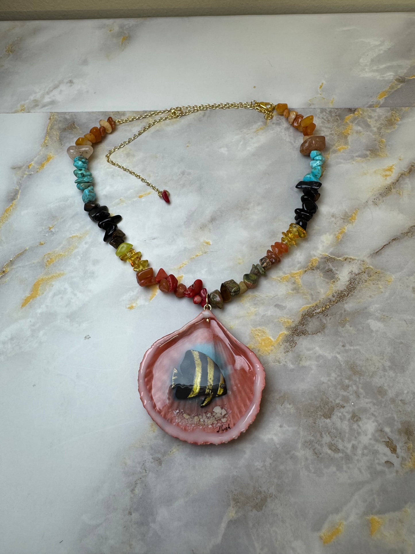 Spadefish With Colorful Glass Crystals Necklace Resin‑Encased Shell Collection Shell Necklaces, Epoxy Resin Necklace