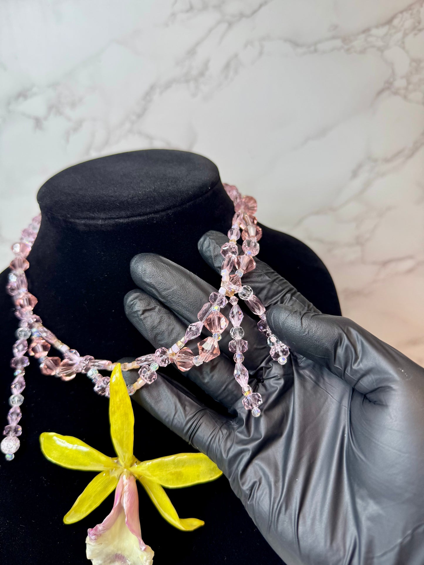Lili Handmade Real Yellow Orchid Necklace | Black Crystal Bead Jewelry | Resin Flower Pendant | Made in USA