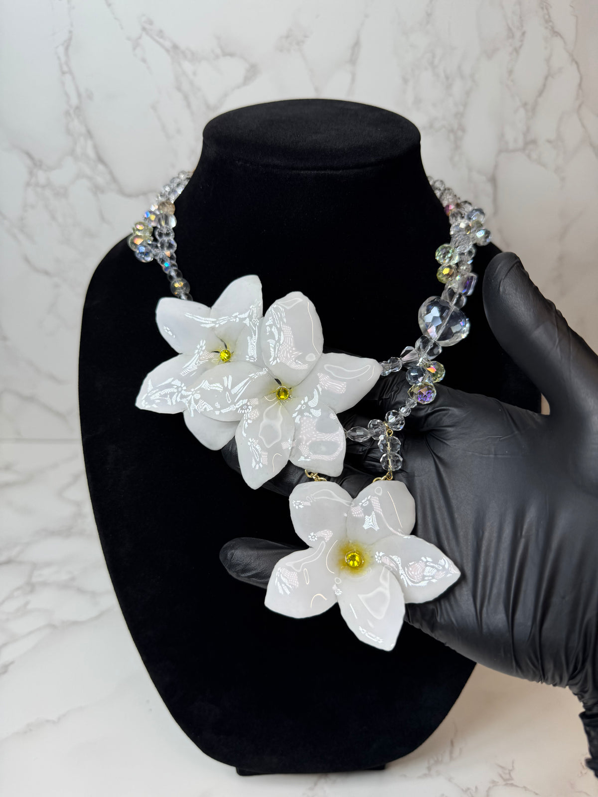 Snow Dream White Clear Flower Crystal Necklace | Handmade Floral Jewelry