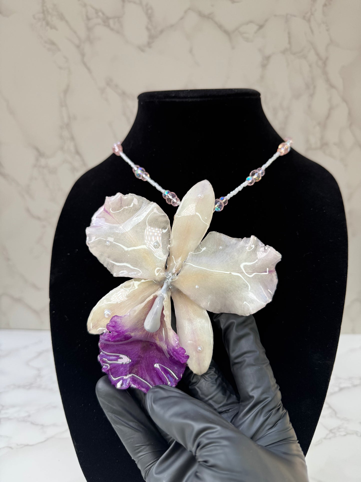 Blush Crystal Cattleya White & Light Purple Cattleya Orchid Necklace – Clear & Pink Crystal Beaded Jewelry