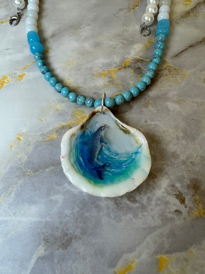 Gorgeous Dolphin Necklace Resin‑Encased Shell Collection Shell Necklaces, Epoxy Resin Necklace with earrings