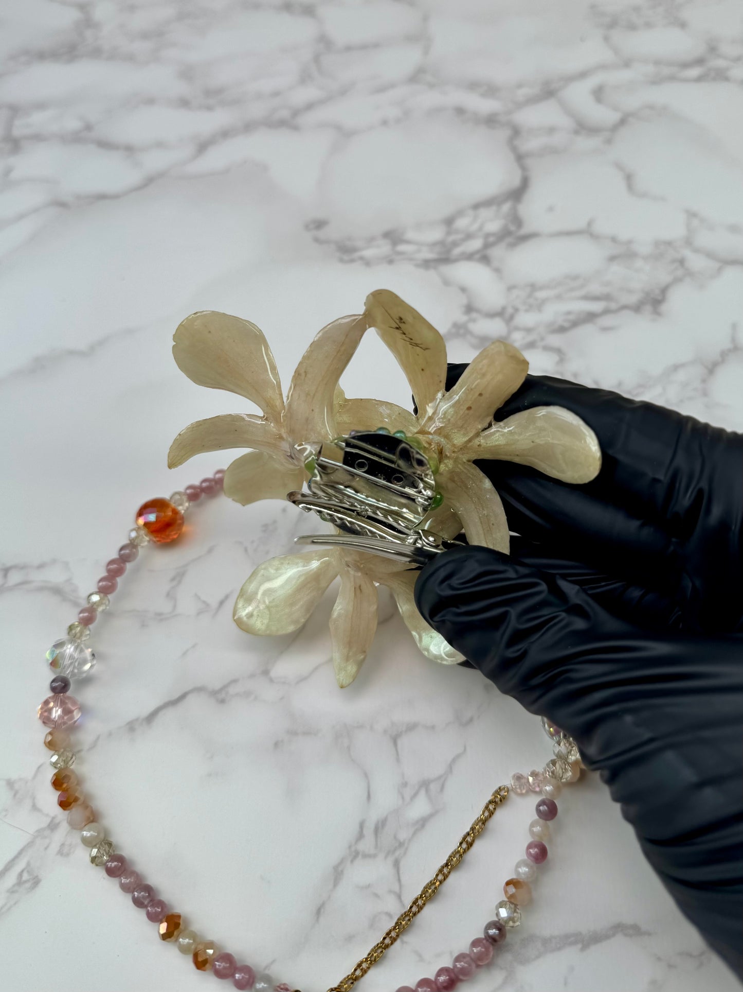Blushing Ivory Trinity Orchids Triple Mini Orchid Flower Jewelry – Necklace, Hair Clip & Brooch | Handmade Floral Jewelry
