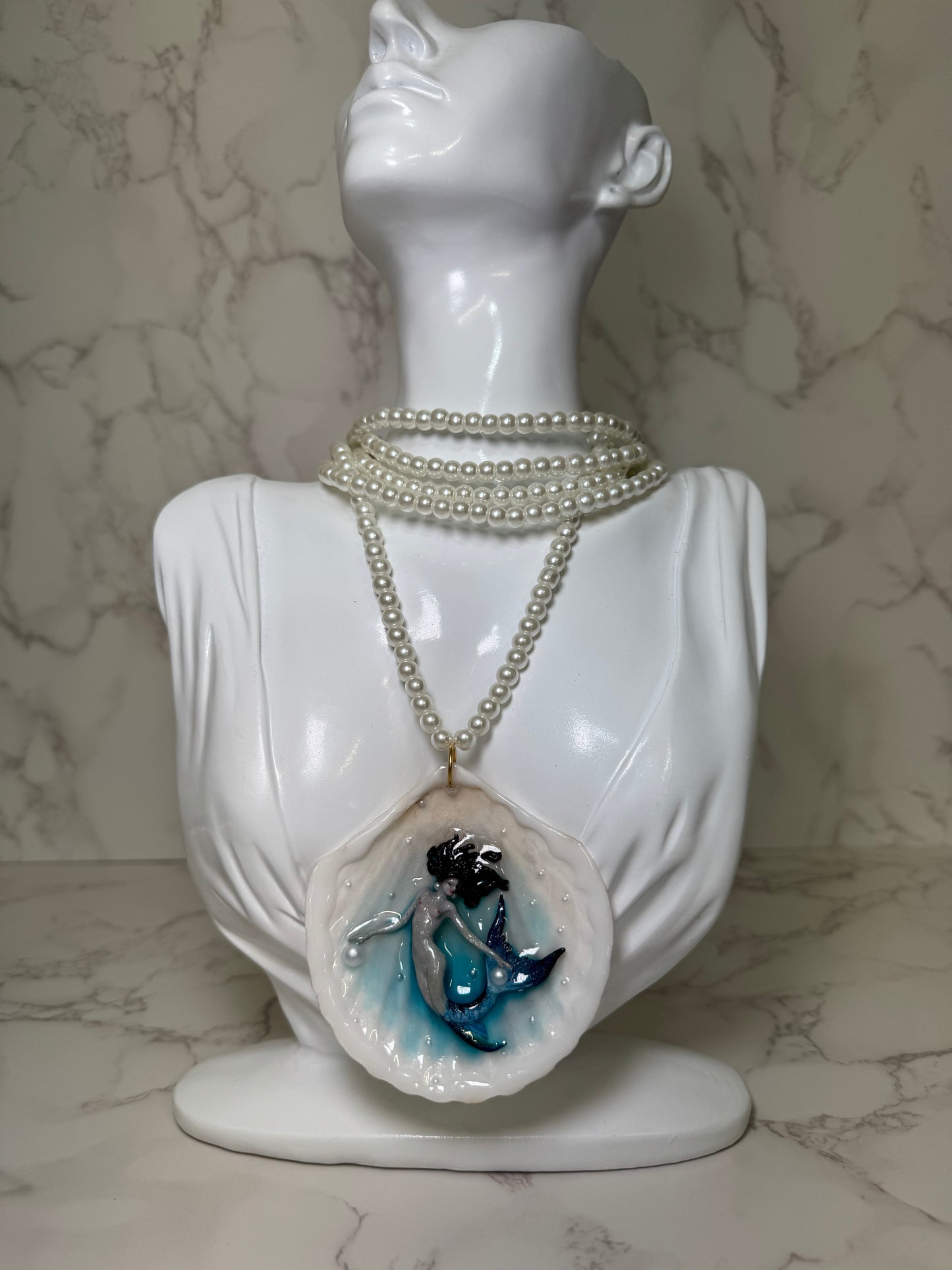 Latina Mermaid Necklace Handmade Latina Mermaid Necklace Encapsulated in Real Shell with UV Resin on Pearl Strand