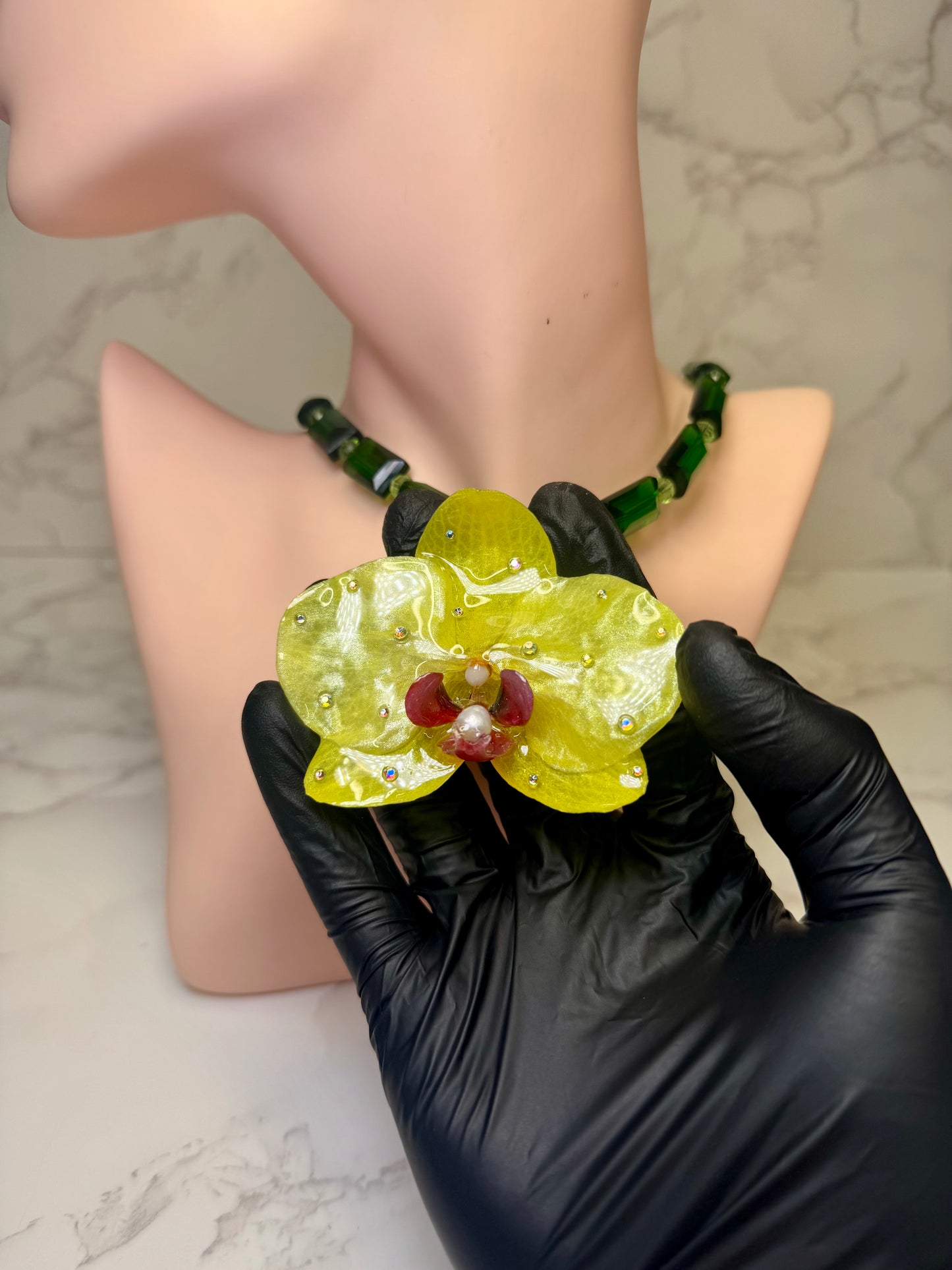 Vida Handmade Real Yellow Orchid Necklace | Green Natural Crystal Bead Jewelry | Resin Flower Pendant | Made in USA