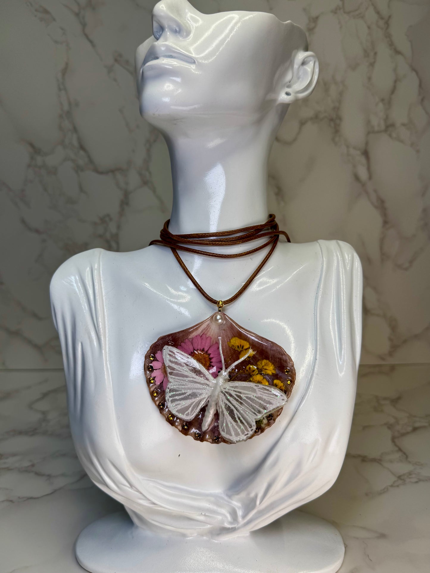 Ala Marina Natural Seashell Synthetic Butterfly Necklace | Handmade Coastal Jewelry | UV Resin Ocean Art
