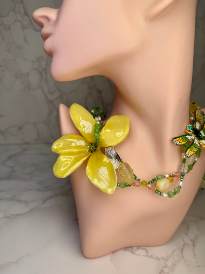 Dalia Golden Dragonfly Yellow Plumeria with Dragonfly – Clear Crystal Necklace | Handmade Floral Jewelry