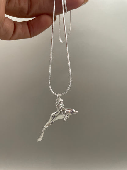 Scuba Girl Riding Dolphin, 925 Silver, 3D Pendant