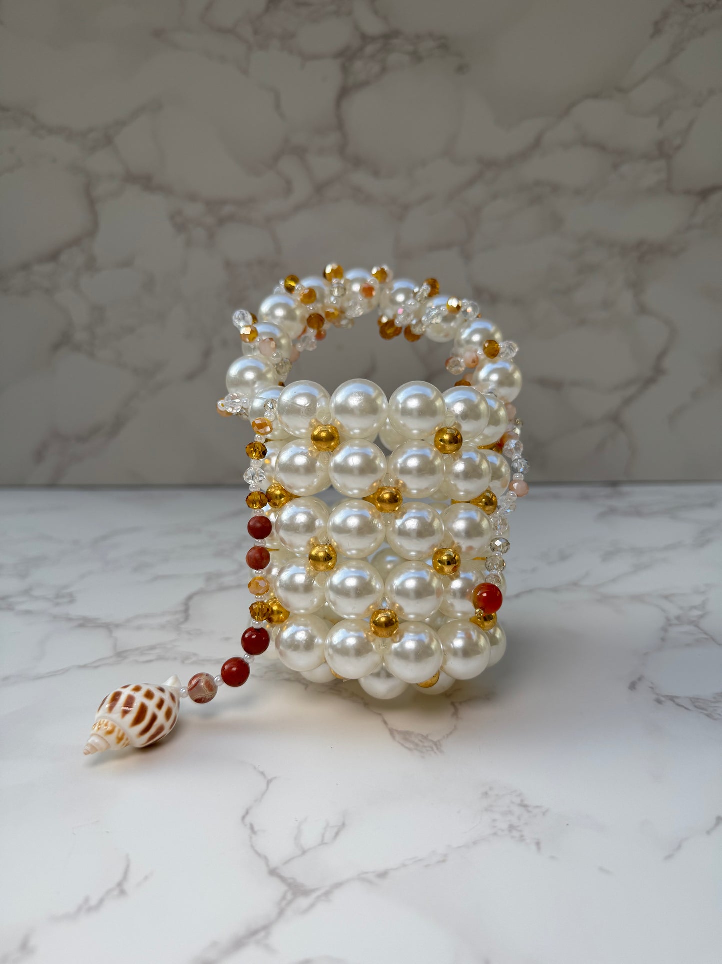Terra-Pearl & Gold Seashell Charm Purse