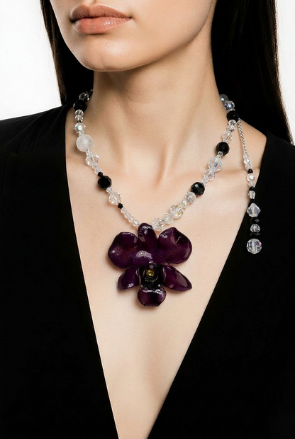 Night Handmade Real Mini Dark Red Orchid Necklace | Resin Flower Jewelry | Made in USA)