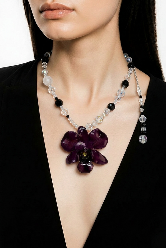 Night Handmade Real Mini Dark Red Orchid Necklace | Resin Flower Jewelry | Made in USA)