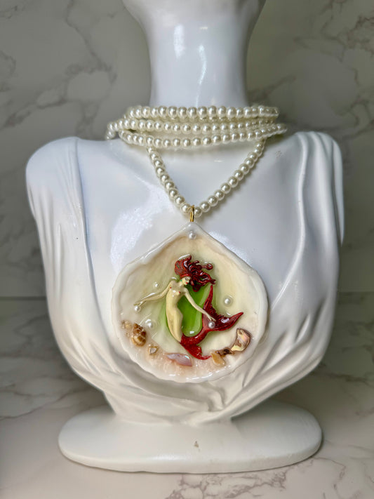 Winter Red Tail Mermaid Sea Shell Necklace – Mermaid in Shell with UV Resin