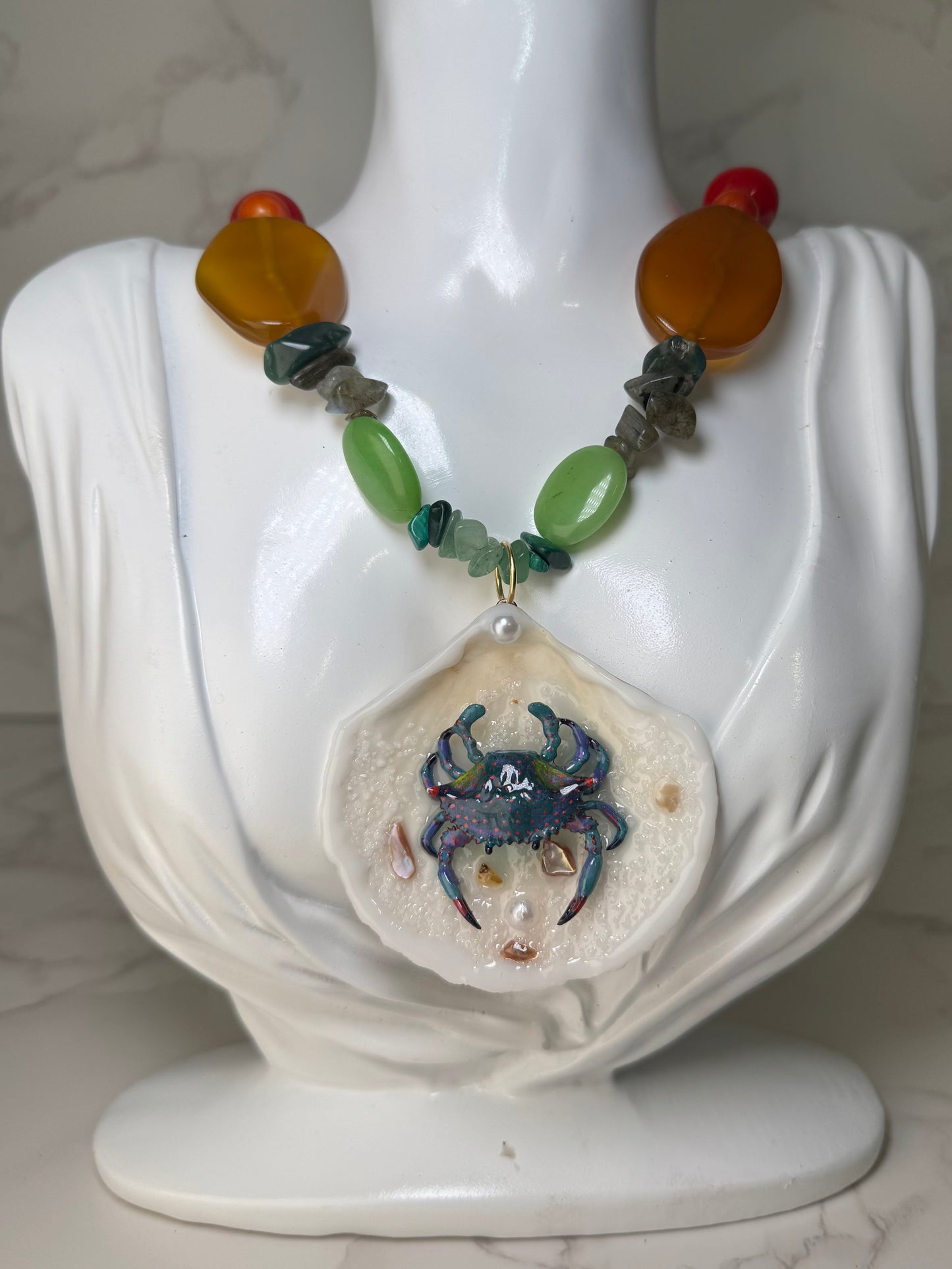 Turquoise Crab with Pink Accents Shell Necklace - Encapsulated in Real Shell with UV Resin