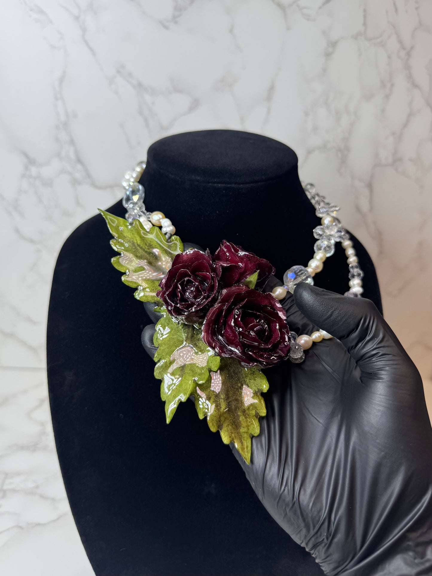 3 Aurora Eternal Rose – Real Red Rose in UV Resin & Freshwater Pearl Necklace | Handmade Floral Jewelry | Made in USA