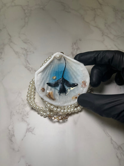 Manta Esmeralda Handmade Manta Ray Necklace Encapsulated in Real Shell with UV Resin on Pearl Strand
