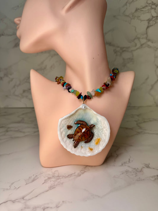 Brown Sea Turtle Shell Necklace - Encapsulated in Real Shell with UV Resin