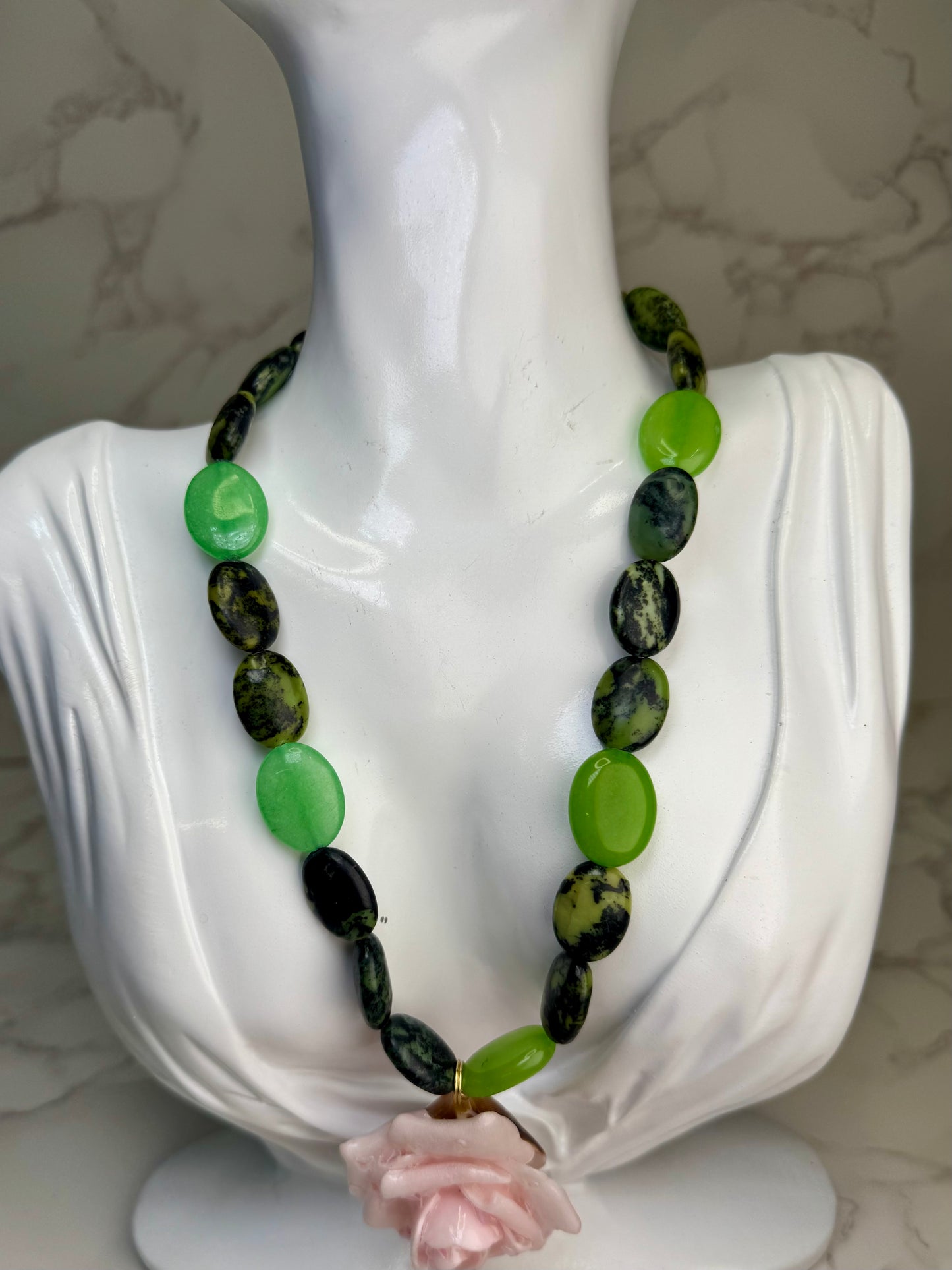 Aly Handmade Green Natural Stone Necklace with Pink Flower | Floral Pendant Jewelry | Made in USA