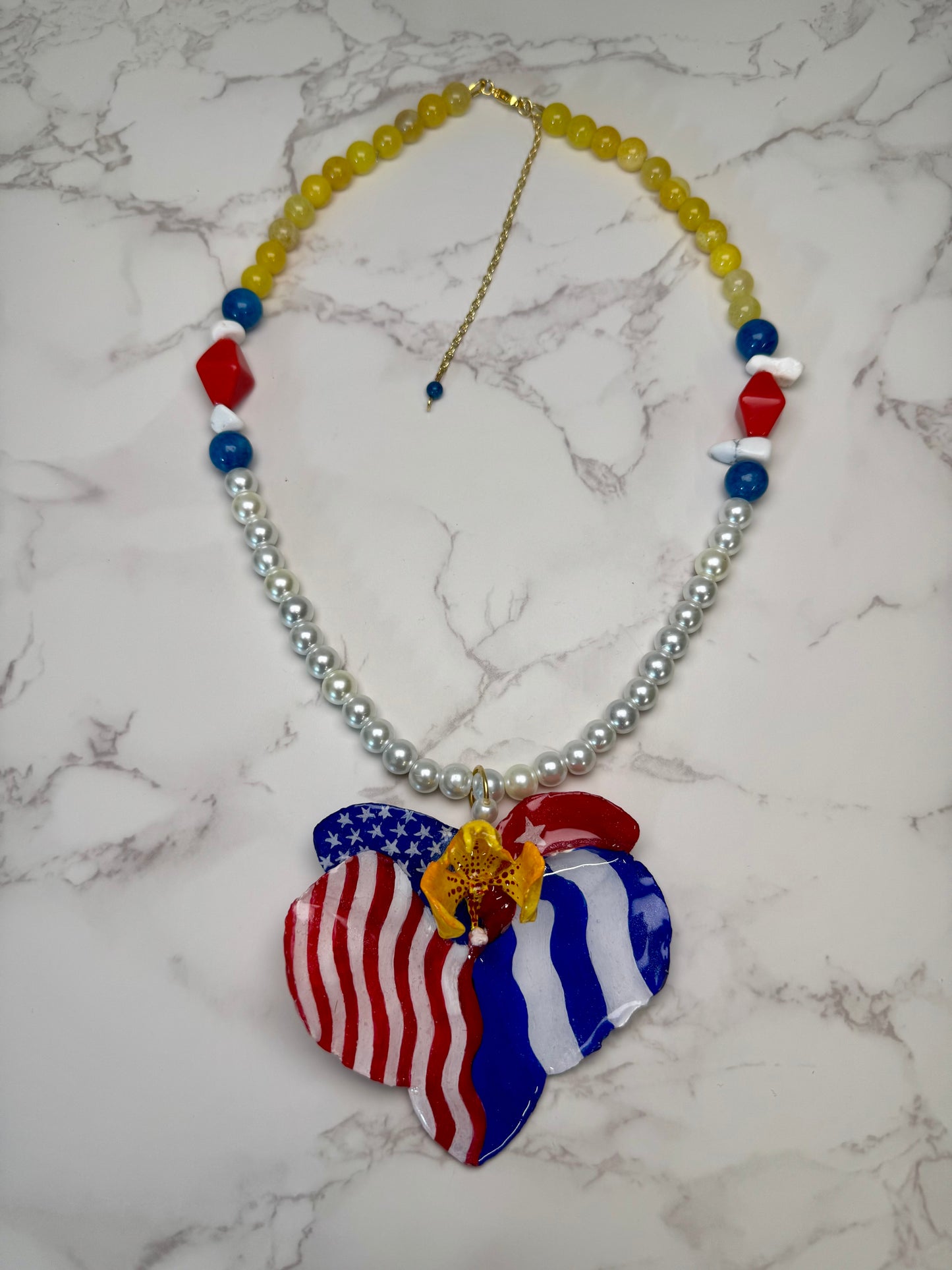 Cuban American Orchid Necklace Real Orchid Necklace with Cuban and American Flag – Preserved in UV Resin