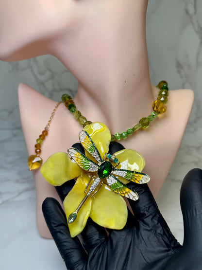 Iris Dragonfly Yellow Plumeria with Dragonfly – Clear Crystal Necklace | Handmade Floral Jewelry