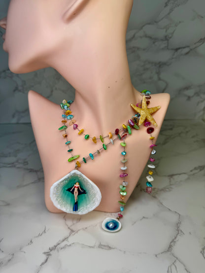 Rainbow Reef Explorer Natural seashell featuring a miniature scuba diver, manta ray, and tiny starfish Silver 925