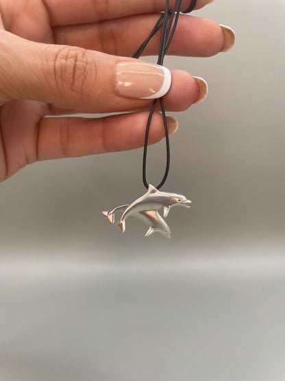 Two Swimming Dolphins Necklace – Elegant 925 Sterling Silver Pendant, Featuring Dolphins in Motion, Perfect for Ocean and Marine Life Lovers, Unique Handmade Jewelry for Sea Enthusiasts, Made in USA