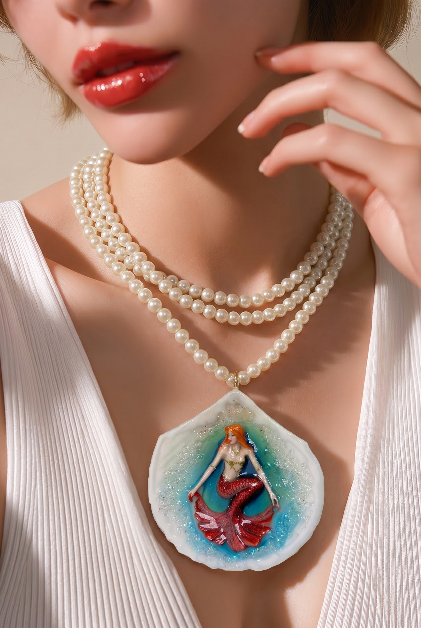 The Crimson Wave Mermaid– Flame of the Sea Red Hair Mermaid Shell Necklace – Crystal Pearl Triple Wrap Ocean Jewelry