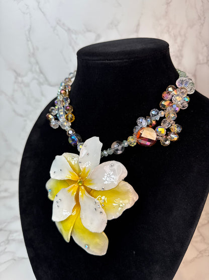 Lucy White & Yellow Clear Plumeria Flowers Crystal Necklace | Handmade Floral Jewelry