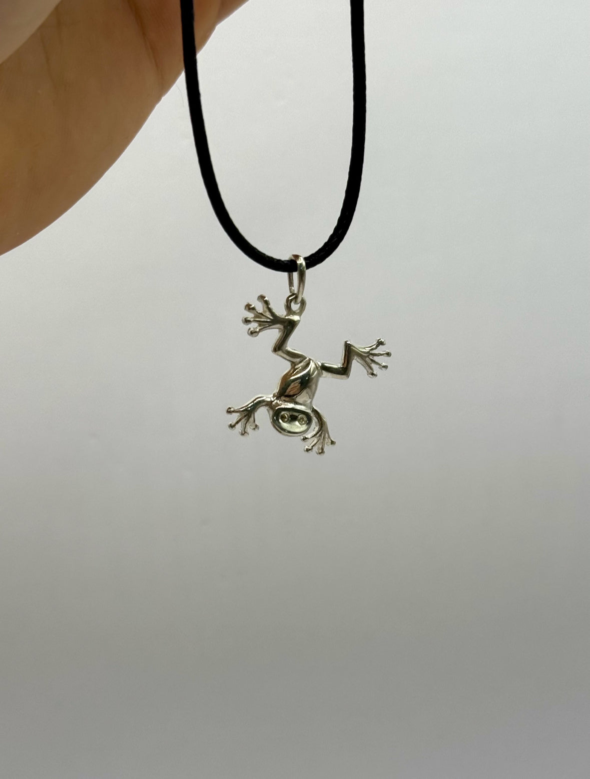 Mini Hanging Tree Frog Necklace Crafted in 925 Sterling Silver, 3D Pendant Jewelry Gift for Women, Handmade in USA, with Black Waxed Cord