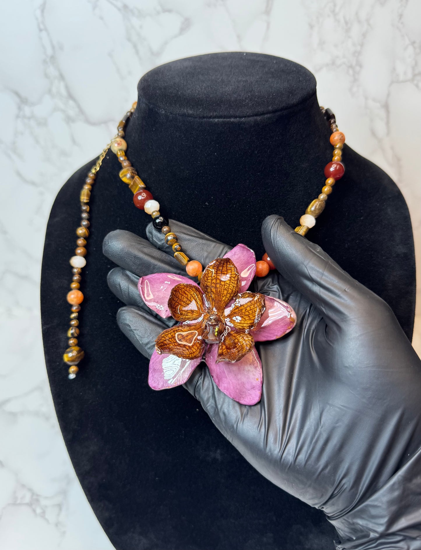 Camellia Real Preserved Orchids & Plumeria Necklace| Handmade Botanical Jewelry | Floral Art