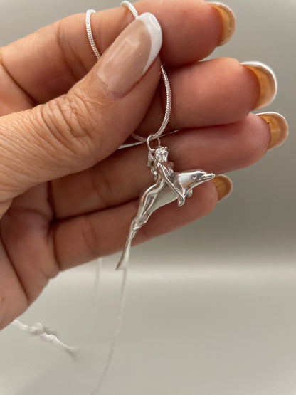 Scuba Girl Riding Dolphin, 925 Silver, 3D Pendant