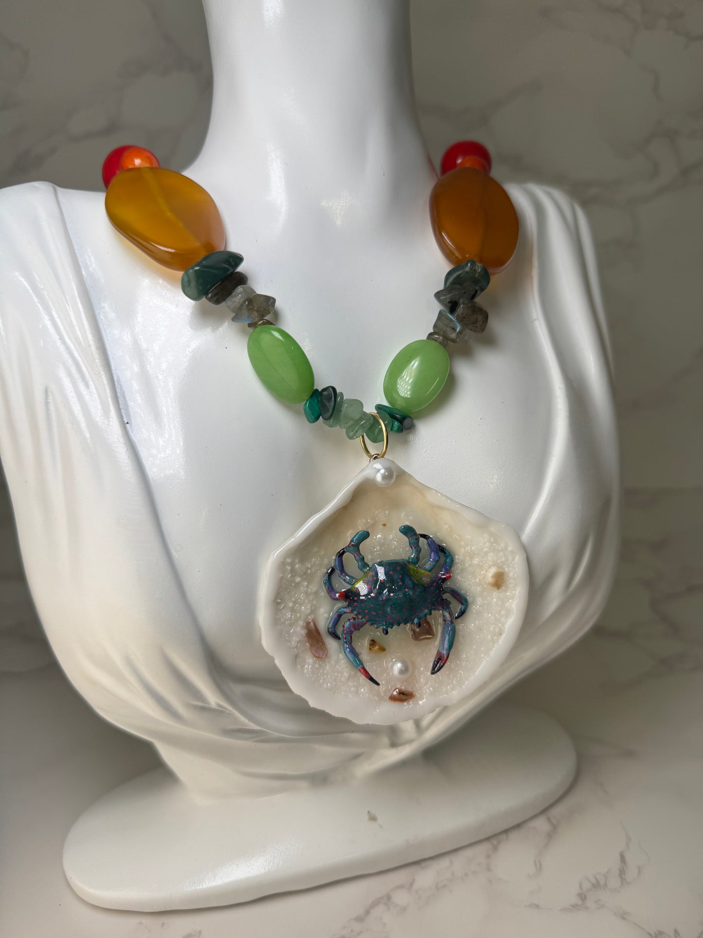 Turquoise Crab with Pink Accents Shell Necklace - Encapsulated in Real Shell with UV Resin