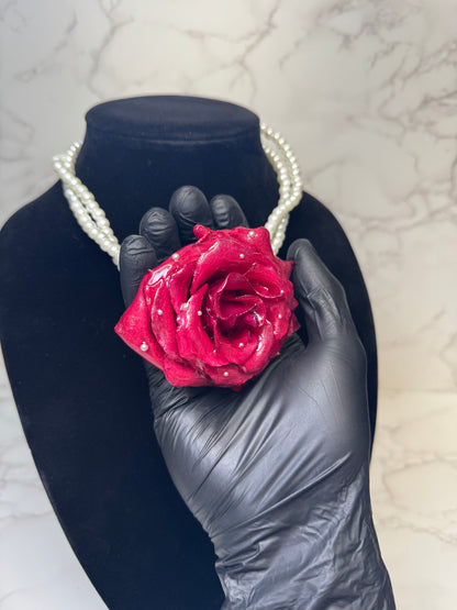 Rose Handmade Real Red Rose Necklace | Preserved Flower Jewelry with Crystal Pearl Beads | Made in USA